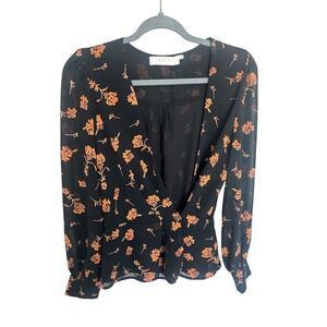 ASTR the Label Black Orange Floral V-Neck Surplice Long Sleeve Blouse Small
